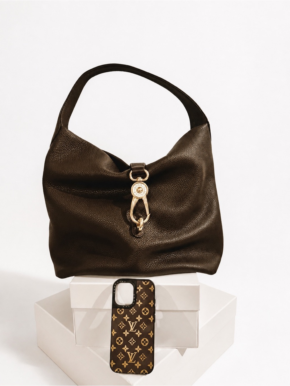 DOONEY & BOURKE Pebble Leather Shoulder Bag with Gold Hardware Chocolate Brown